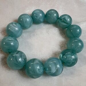 Stretch Bracelet LG Teal Aqua Blue Milky White Translucent Swirl Acrylic Beads